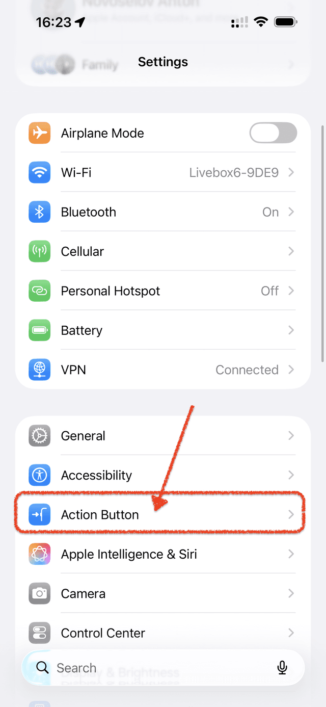 Action Button in iOS Settings