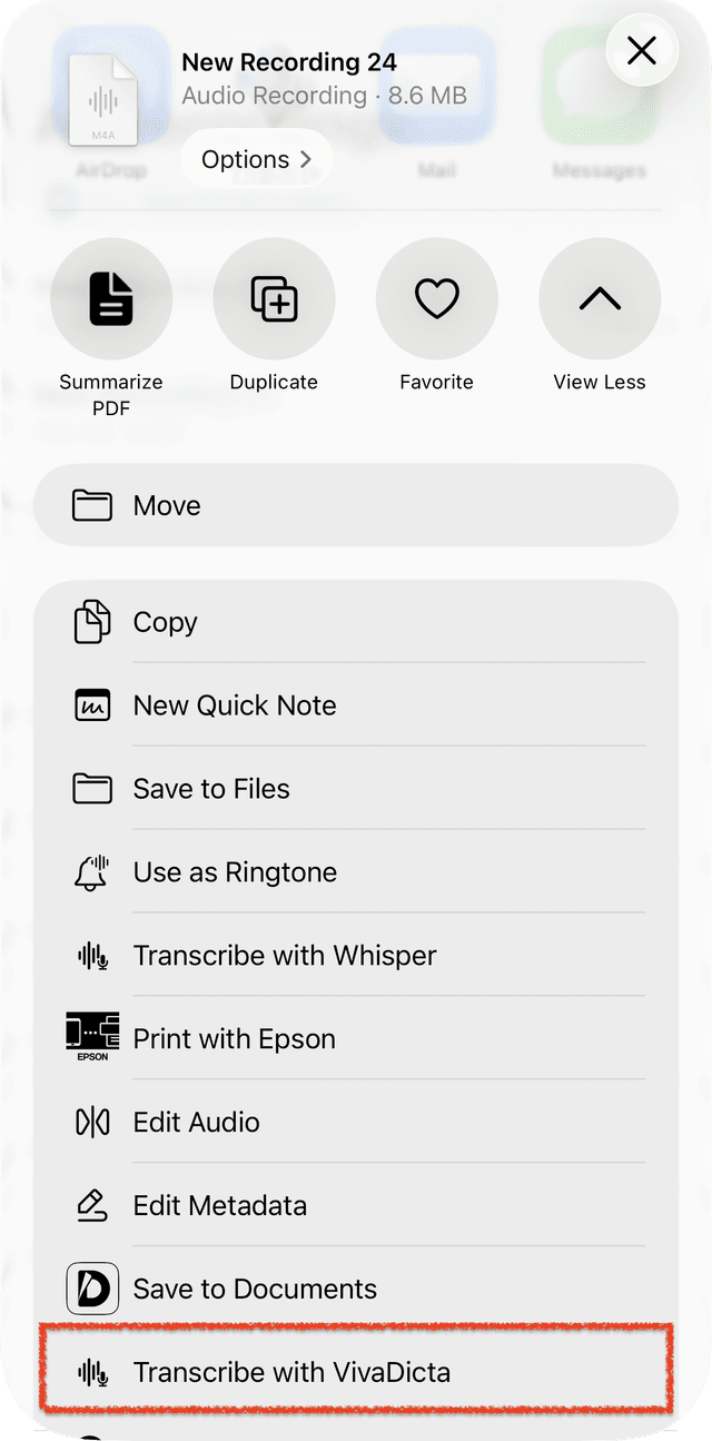 Transcribe with VivaDicta action in the Share Sheet