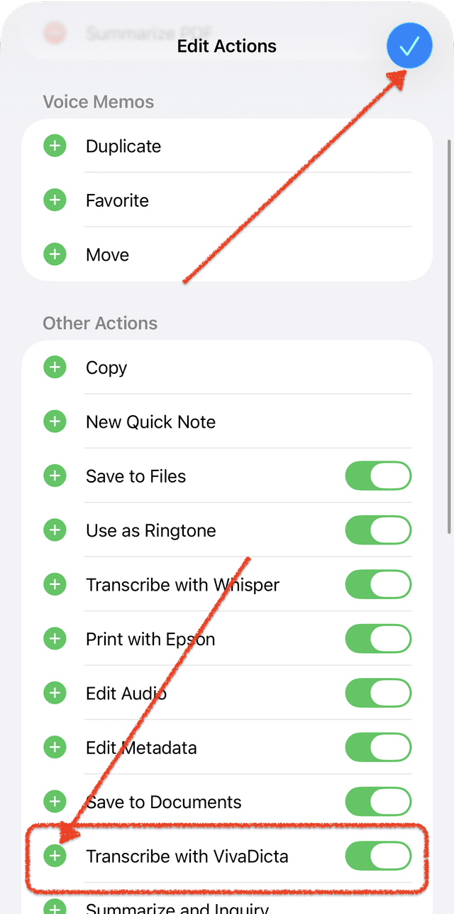 Enable Transcribe with VivaDicta in Edit Actions