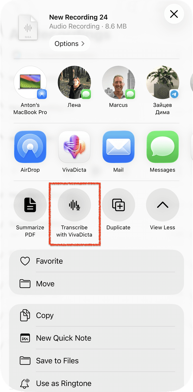 Transcribe with VivaDicta pinned to Quick Actions