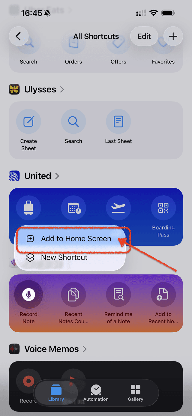 Long-press menu with Add to Home Screen option