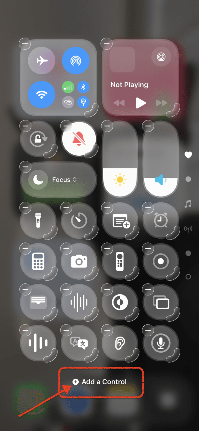 Control Center in edit mode with Add a Control button