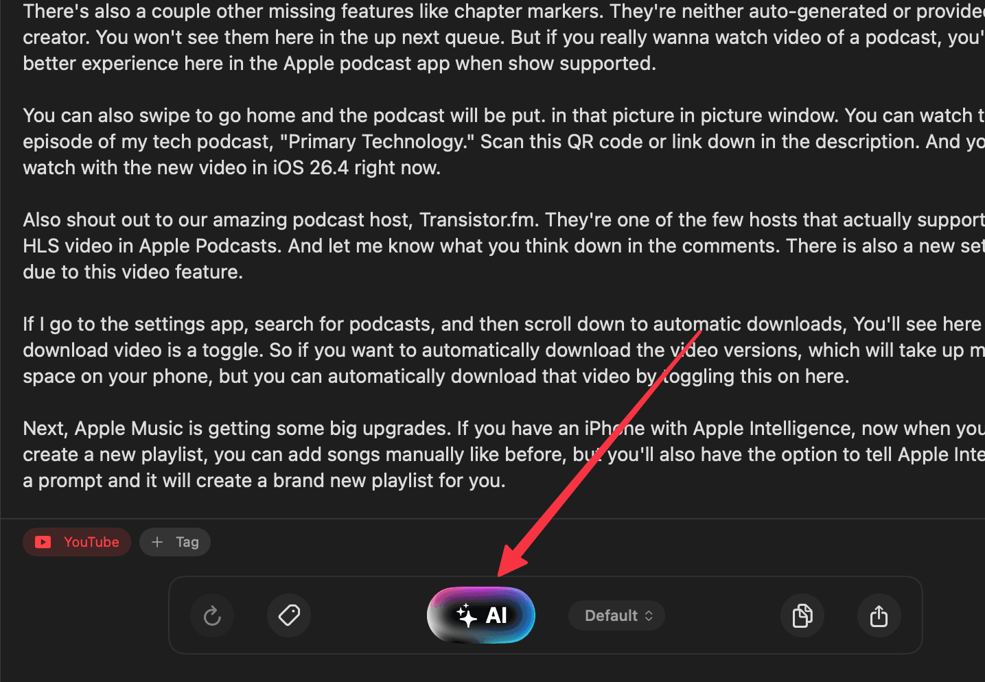 Note detail view with the AI button highlighted in the bottom toolbar
