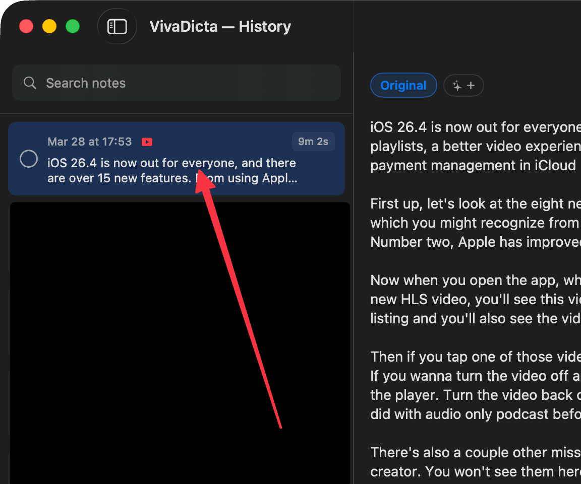 VivaDicta History with a note selected showing the Original tab