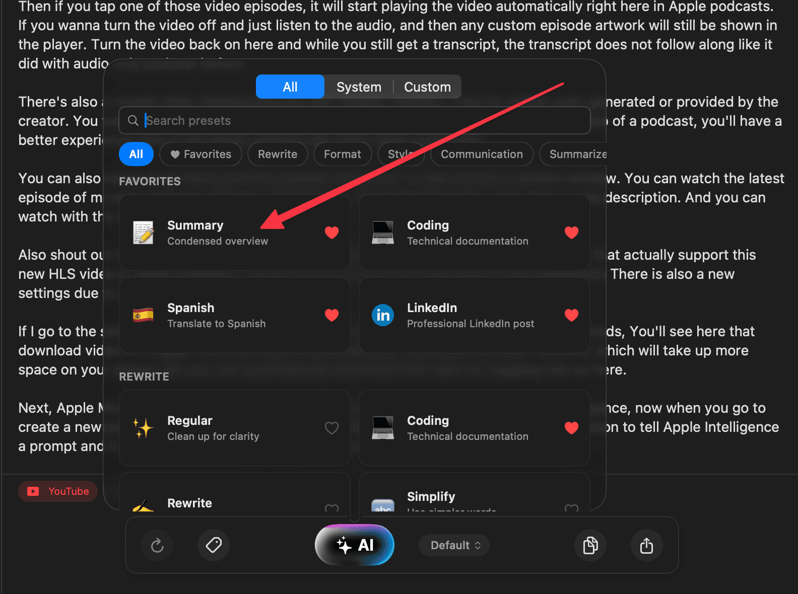 Preset picker popover with favorites, categories, and search