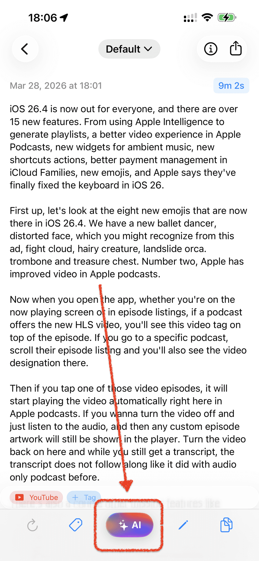 Note detail screen with AI button in the bottom toolbar