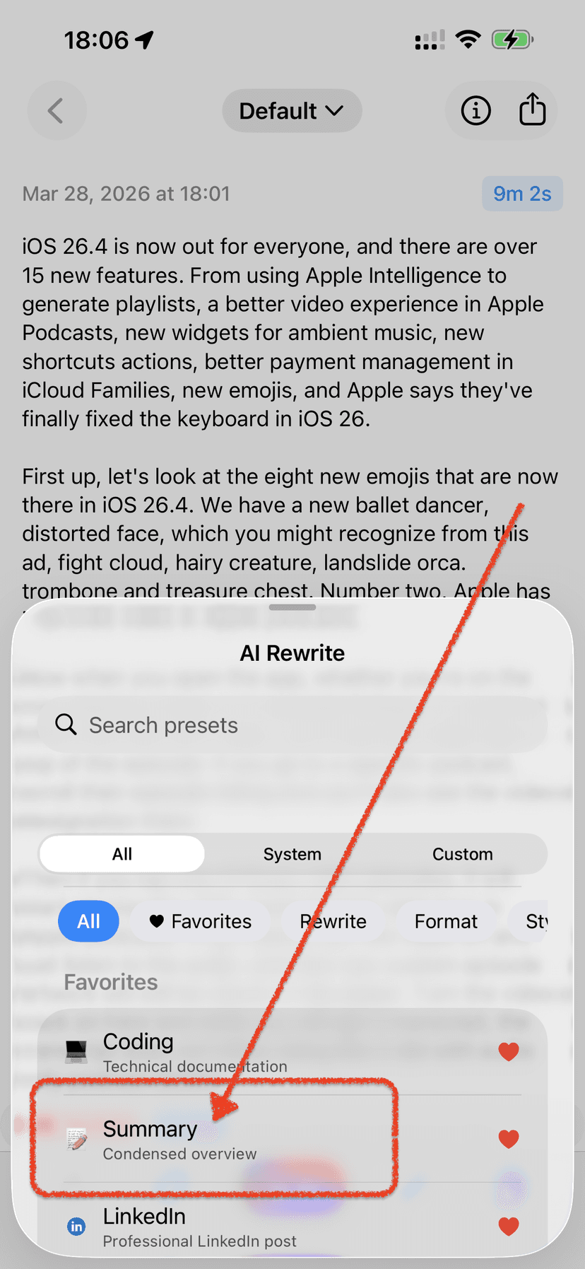 AI Rewrite preset picker with categories like Summarize, Learn & Study