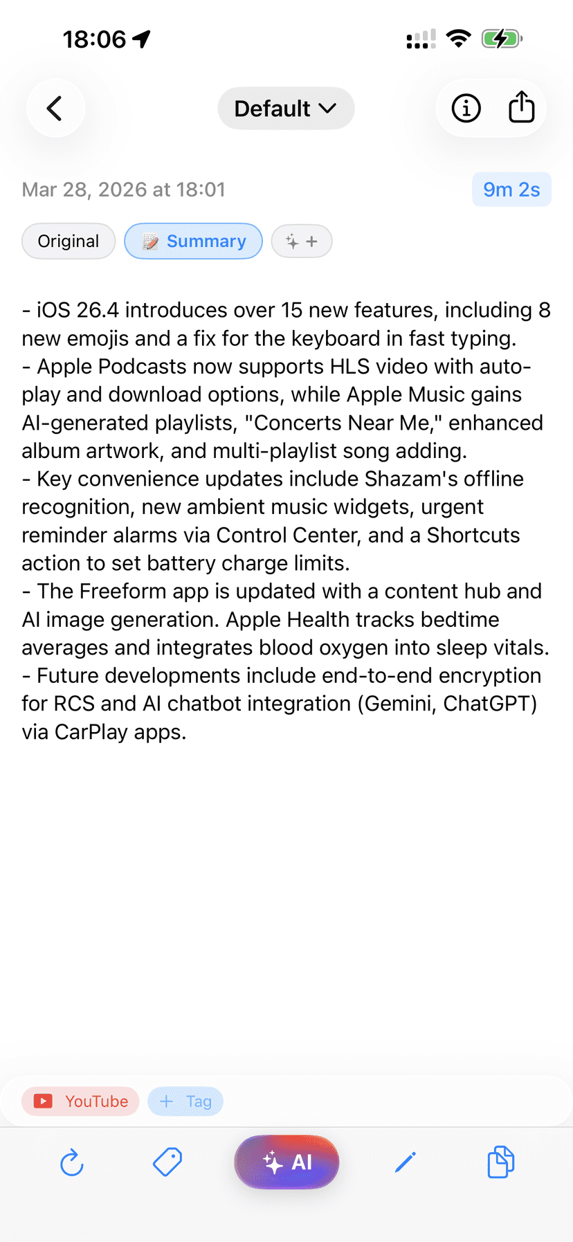 Note with multiple variation tabs — Original, Summary, Coding