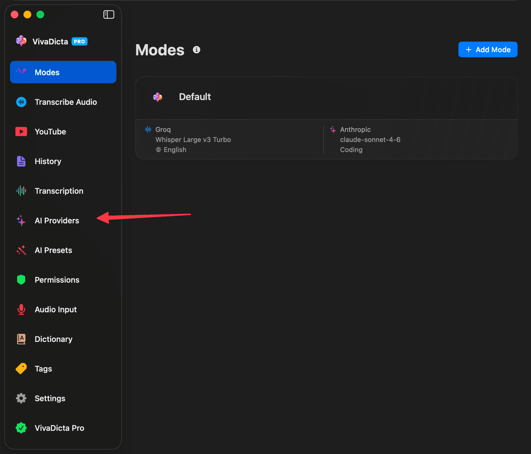 VivaDicta sidebar with AI Providers highlighted