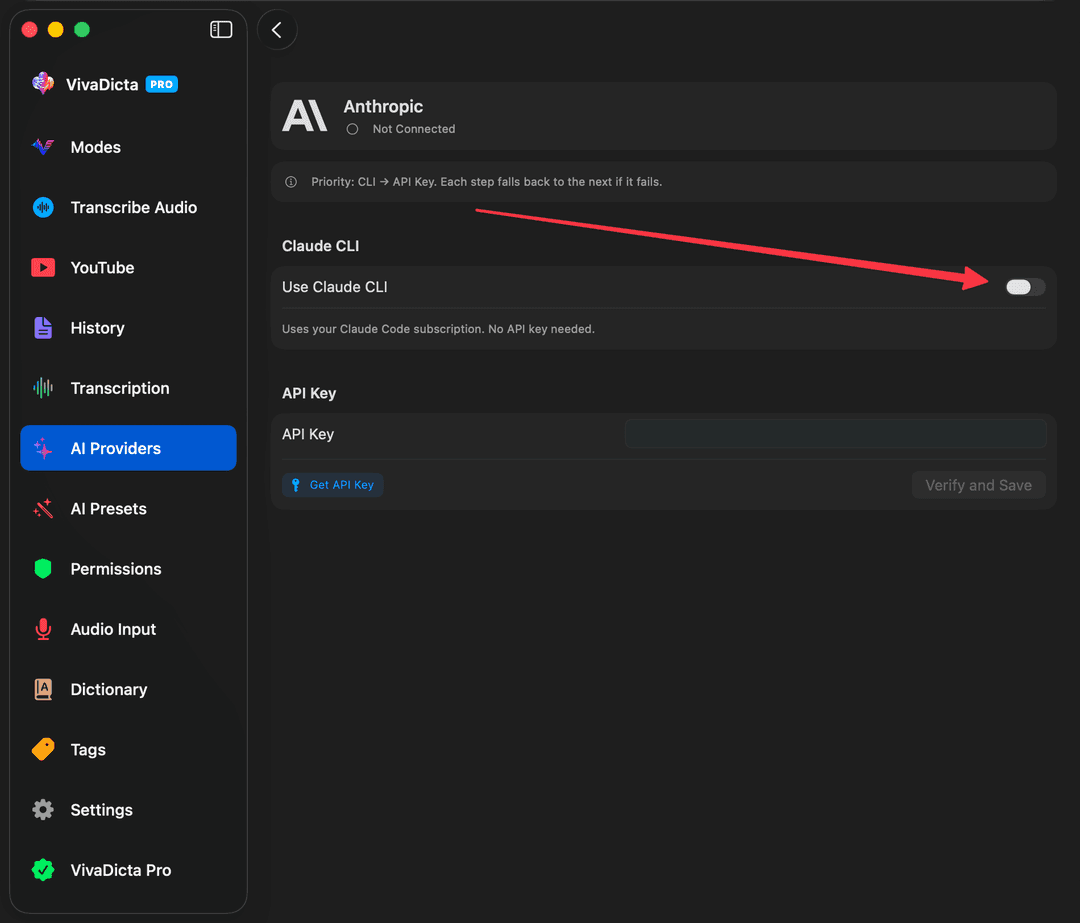 Anthropic provider detail with Use Claude CLI toggle