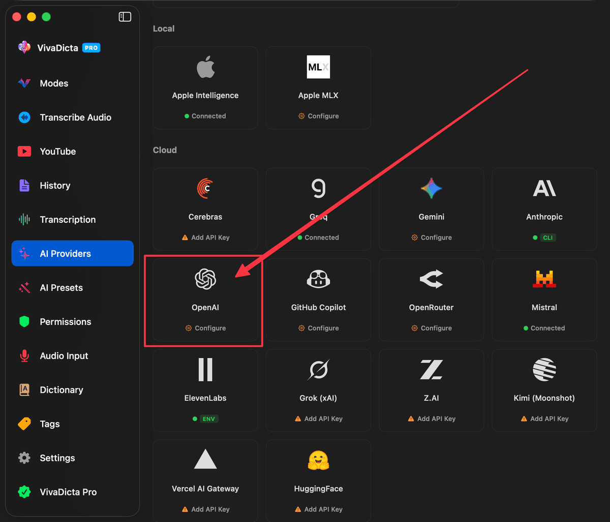 AI Providers grid with OpenAI card highlighted
