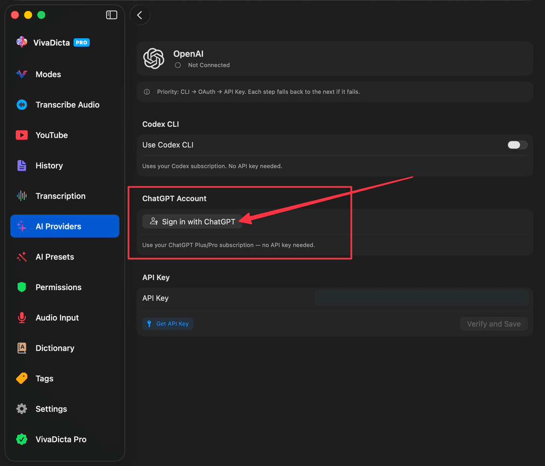 OpenAI provider detail with Sign in with ChatGPT button