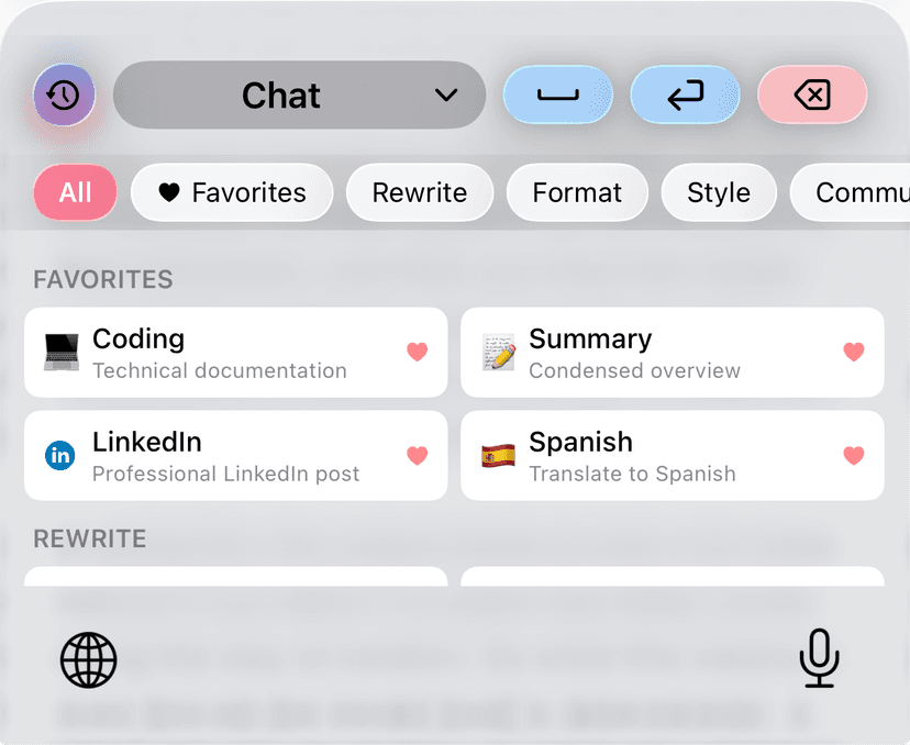 AI Text Processing preset picker in the VivaDicta keyboard