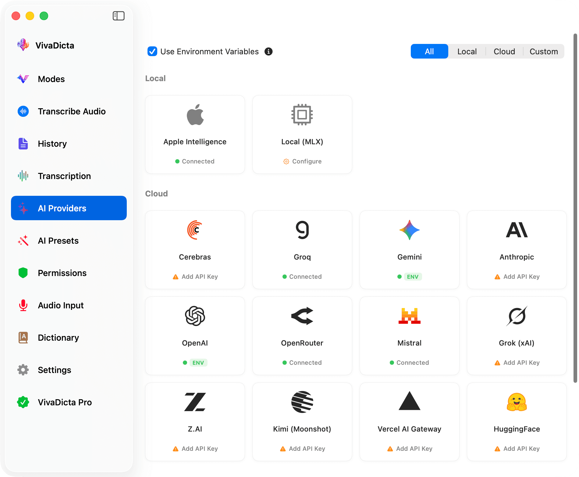 VivaDicta AI Providers on macOS