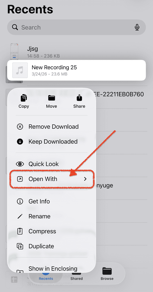 Long-press context menu in Files app with Open With highlighted