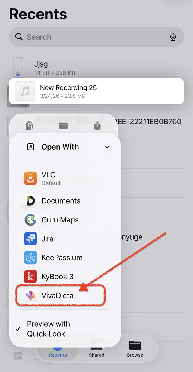 Open With submenu showing VivaDicta as an option