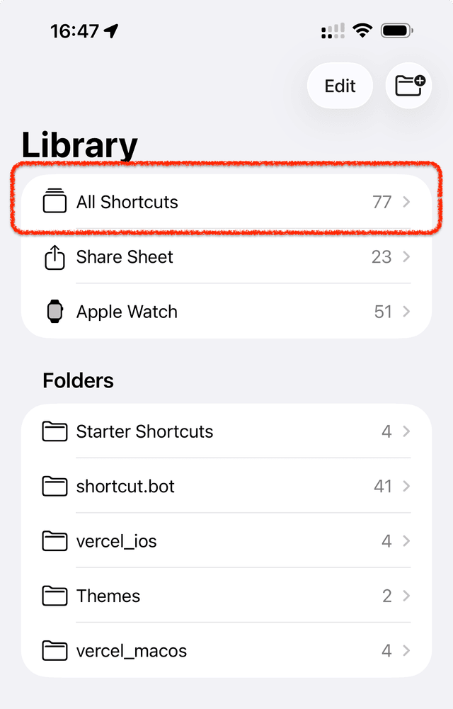 Shortcuts app Library with All Shortcuts highlighted