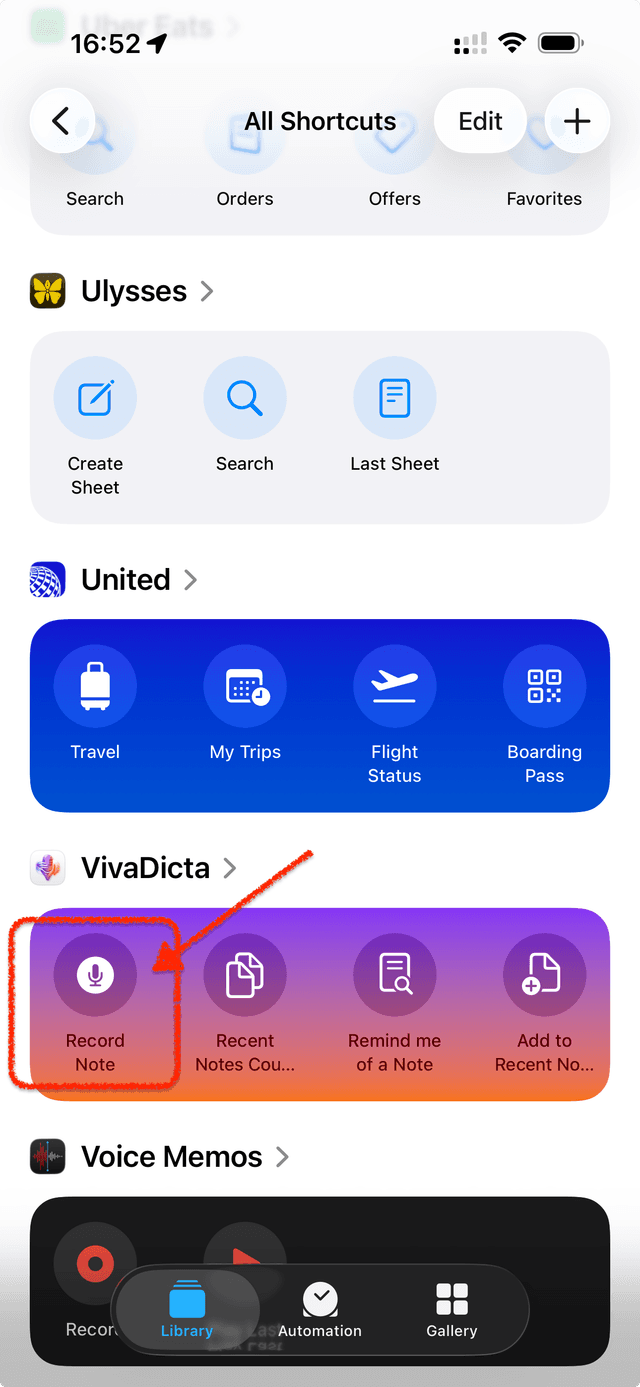 VivaDicta section in All Shortcuts with Record Note visible
