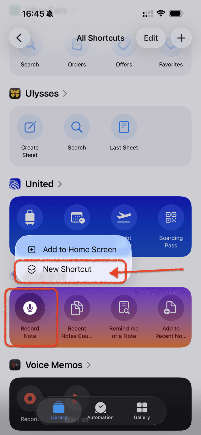 Long-press menu showing Add to Home Screen and New Shortcut options