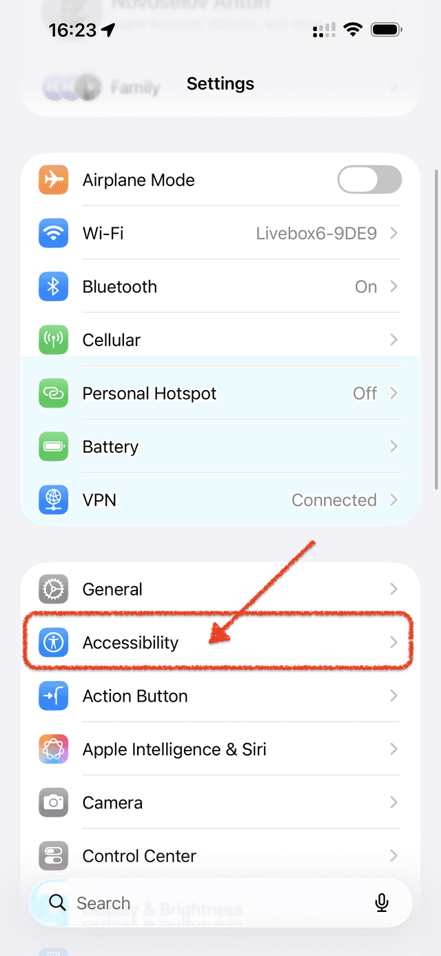 Settings app with Accessibility highlighted