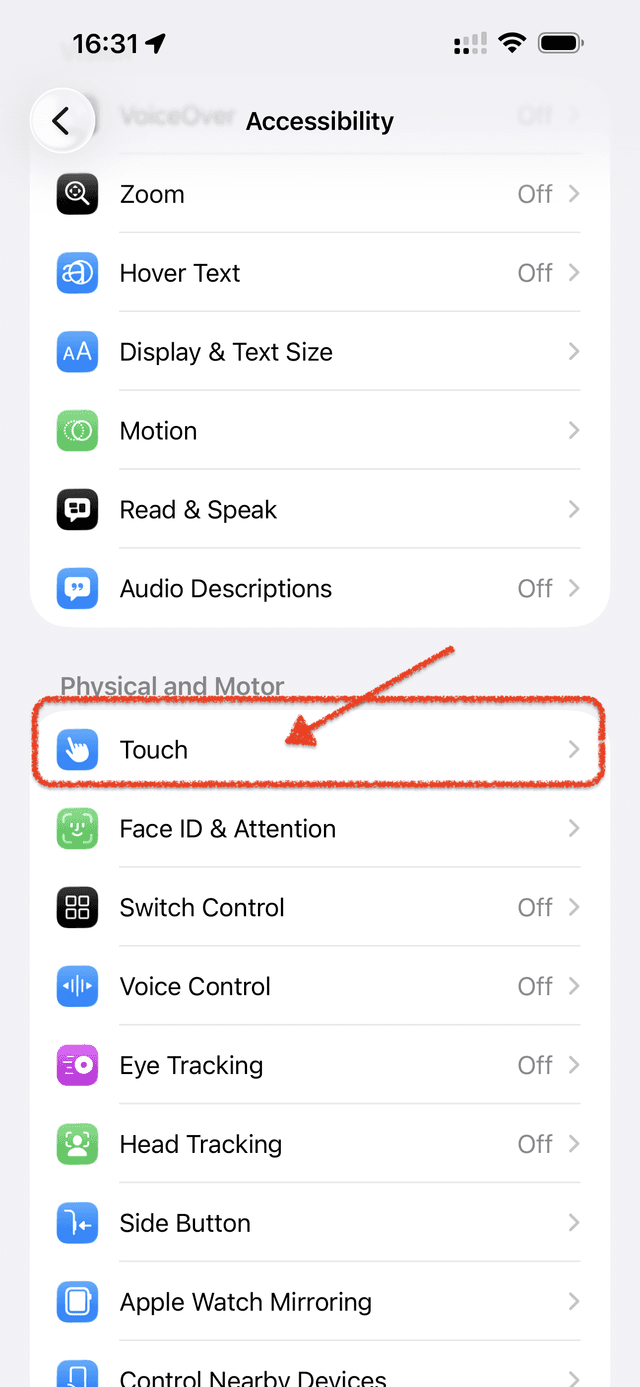 Accessibility settings with Touch highlighted