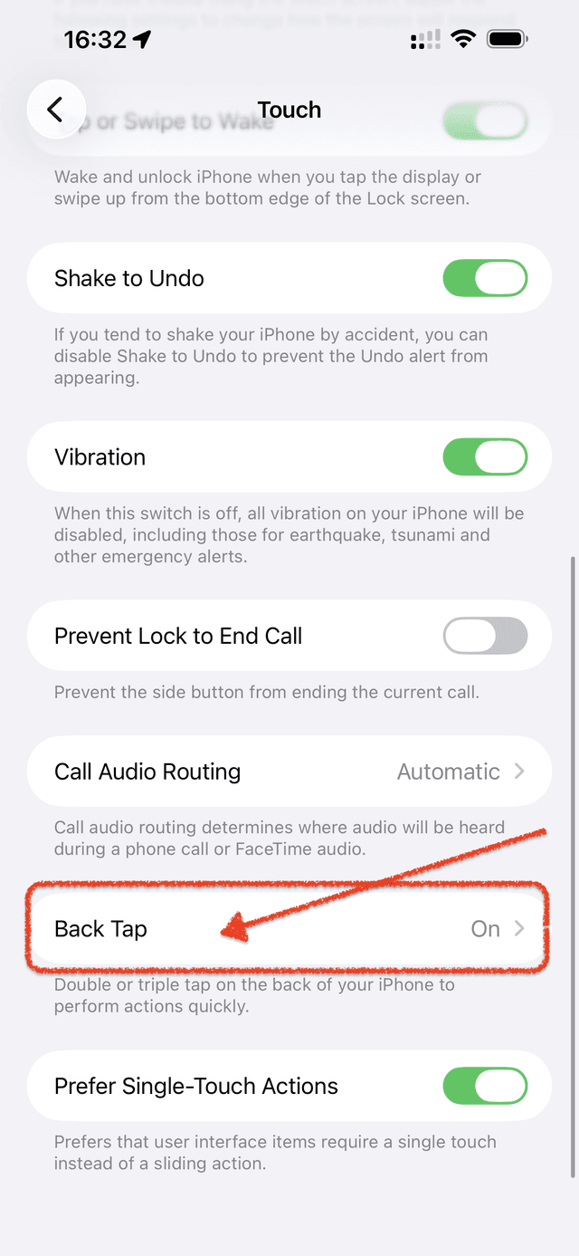 Touch settings with Back Tap highlighted