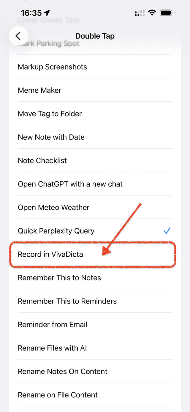 Shortcut list with Record in VivaDicta highlighted