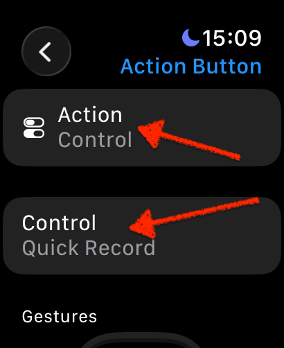 Action Button configuration showing Action set to Control