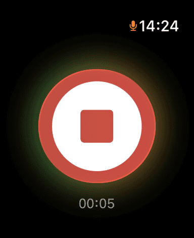 VivaDicta Apple Watch recording in progress with stop button