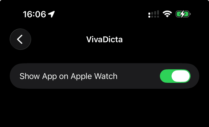 Watch app settings - Show App on Apple Watch toggle enabled for VivaDicta